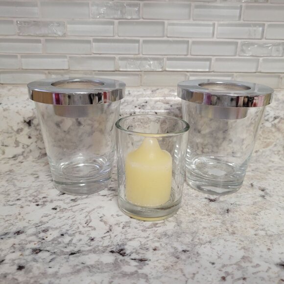 Partylite Glass Votive Candle Holders Set Of 3 With Metal Rim - Picture 1 of 8